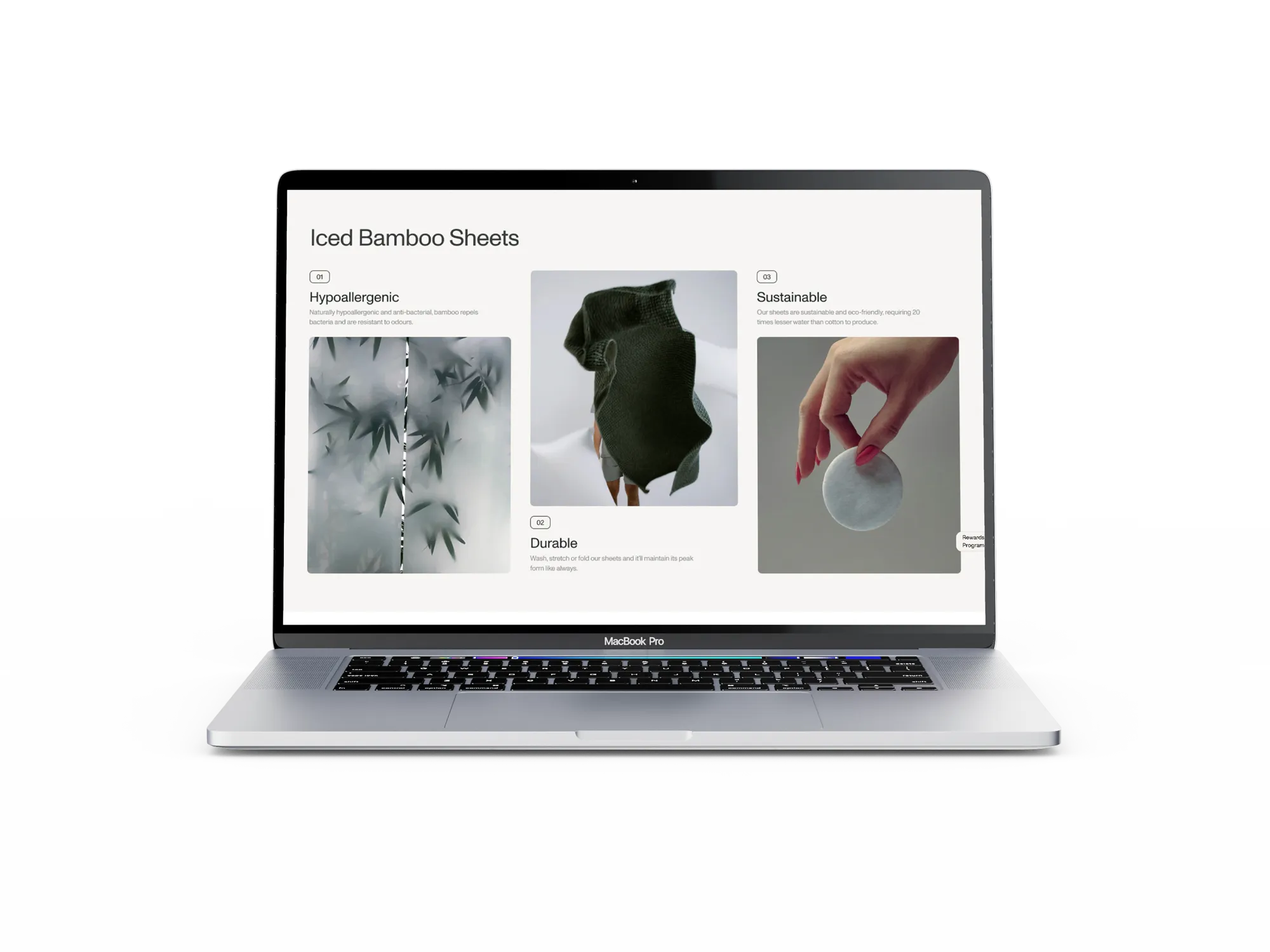 Homepage section listing the benefits of iced bamboo sheets