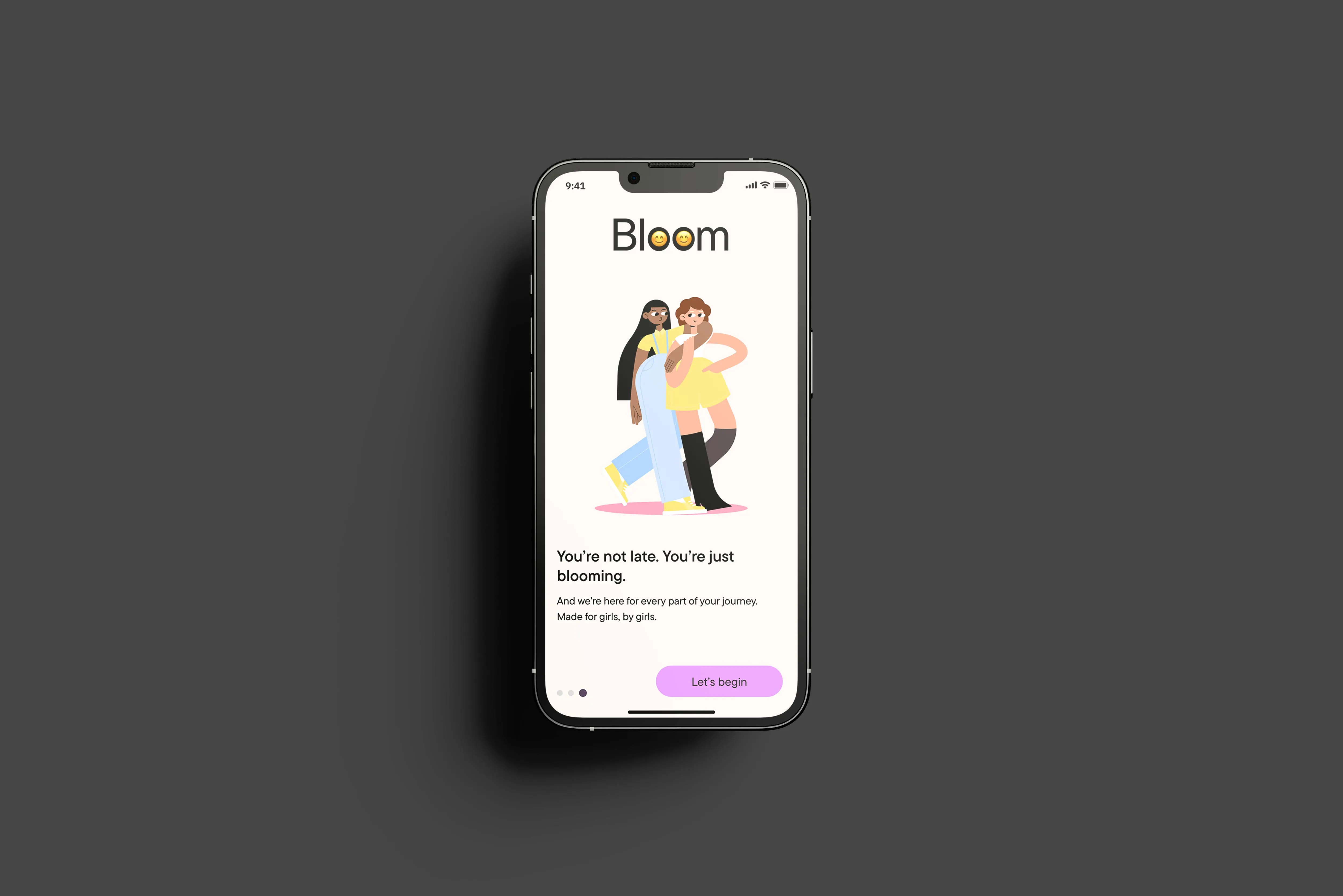Phone showing the Bloom app with an illustration of two girls