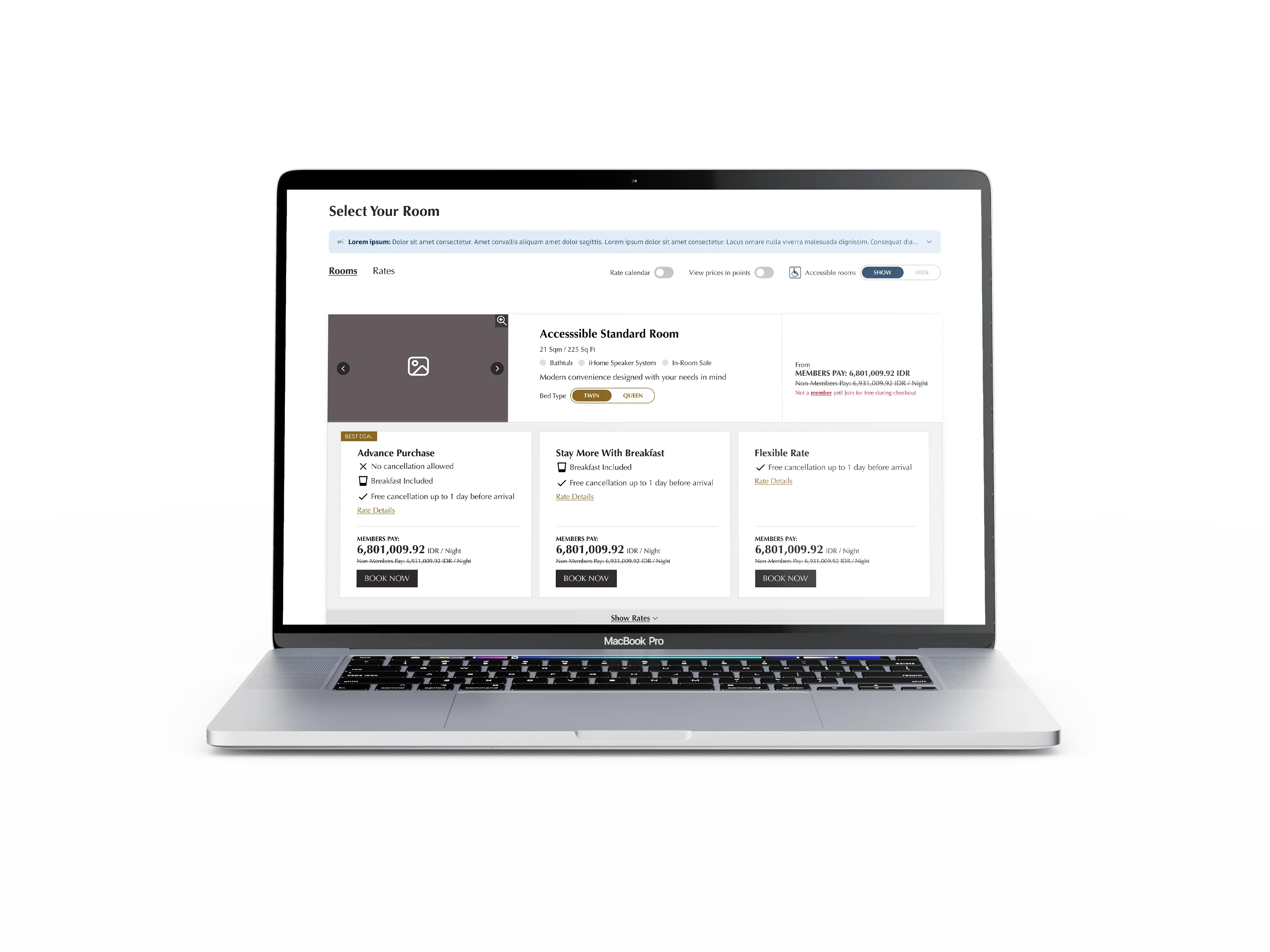 Rate card with member rates first in a three-column layout