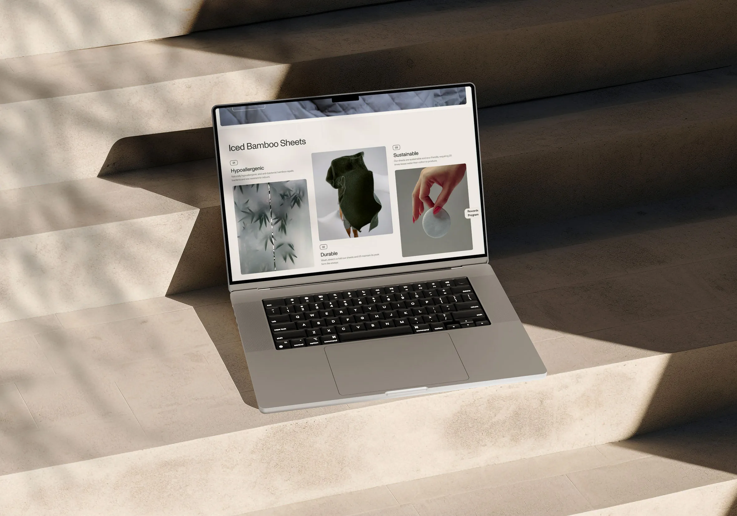 Laptop on sunlit stone steps showing the new Bedtribe website