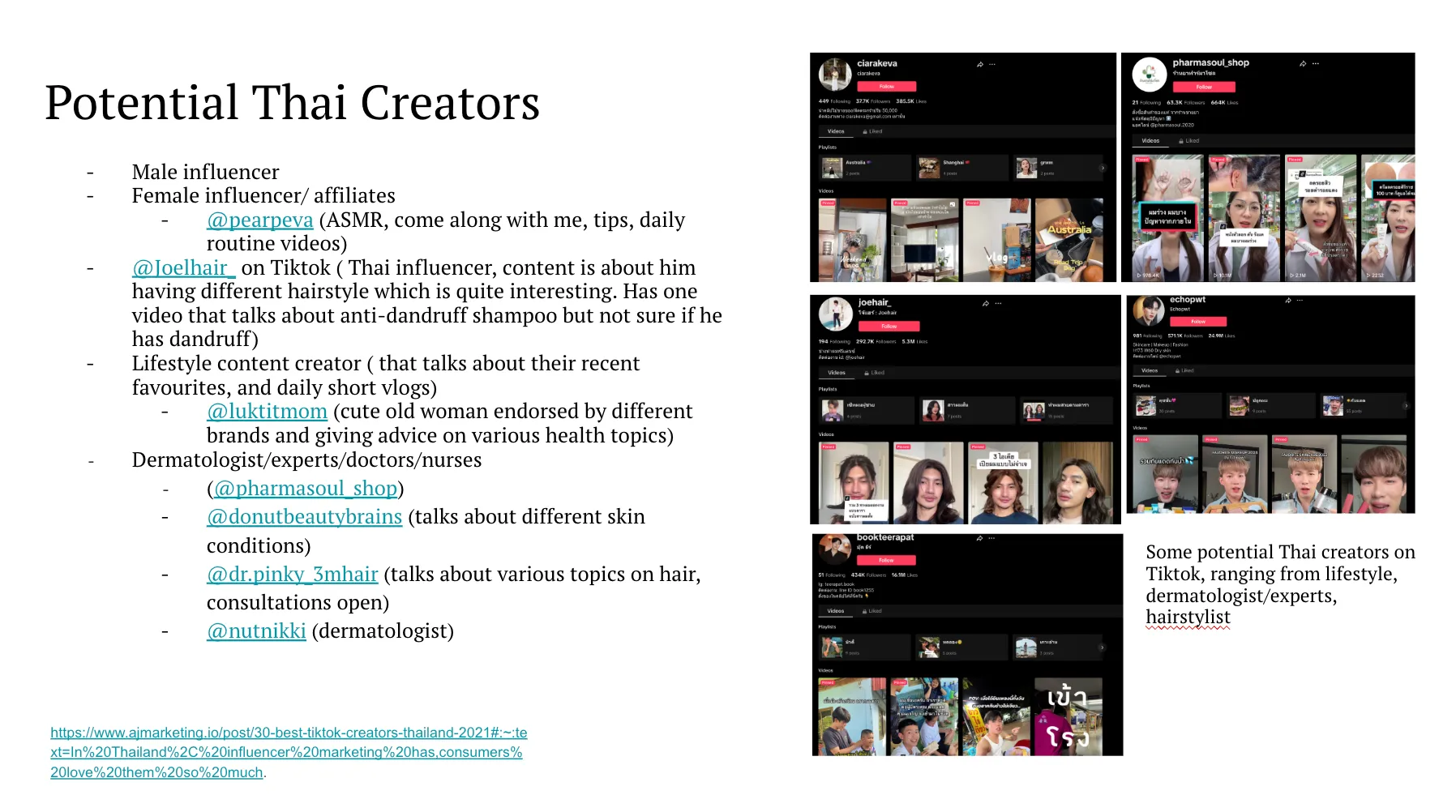 Slide listing potential Thai creators by type: male influencers, lifestyle creators and dermatologists
