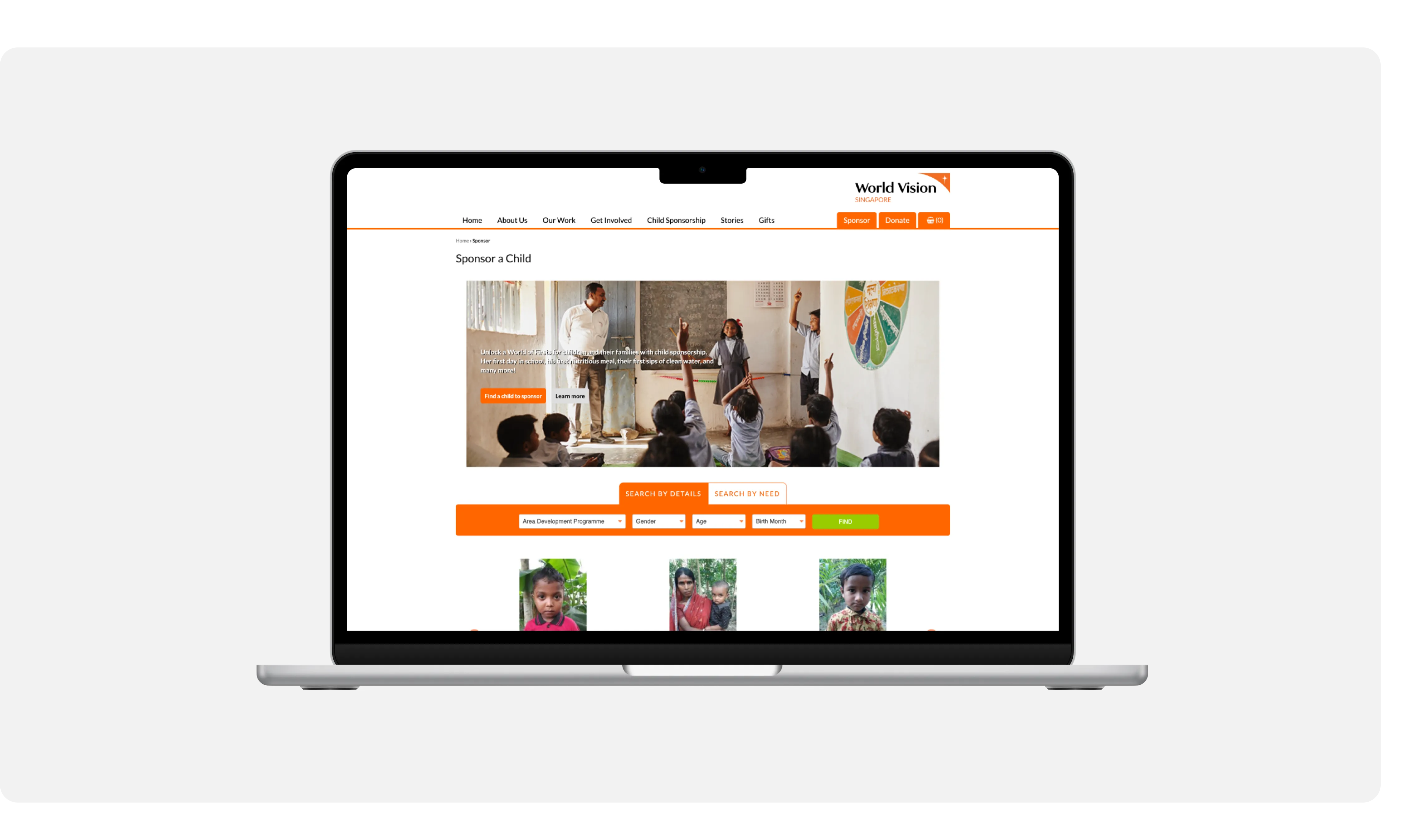 Laptop showing the redesigned World Vision sponsor-a-child page