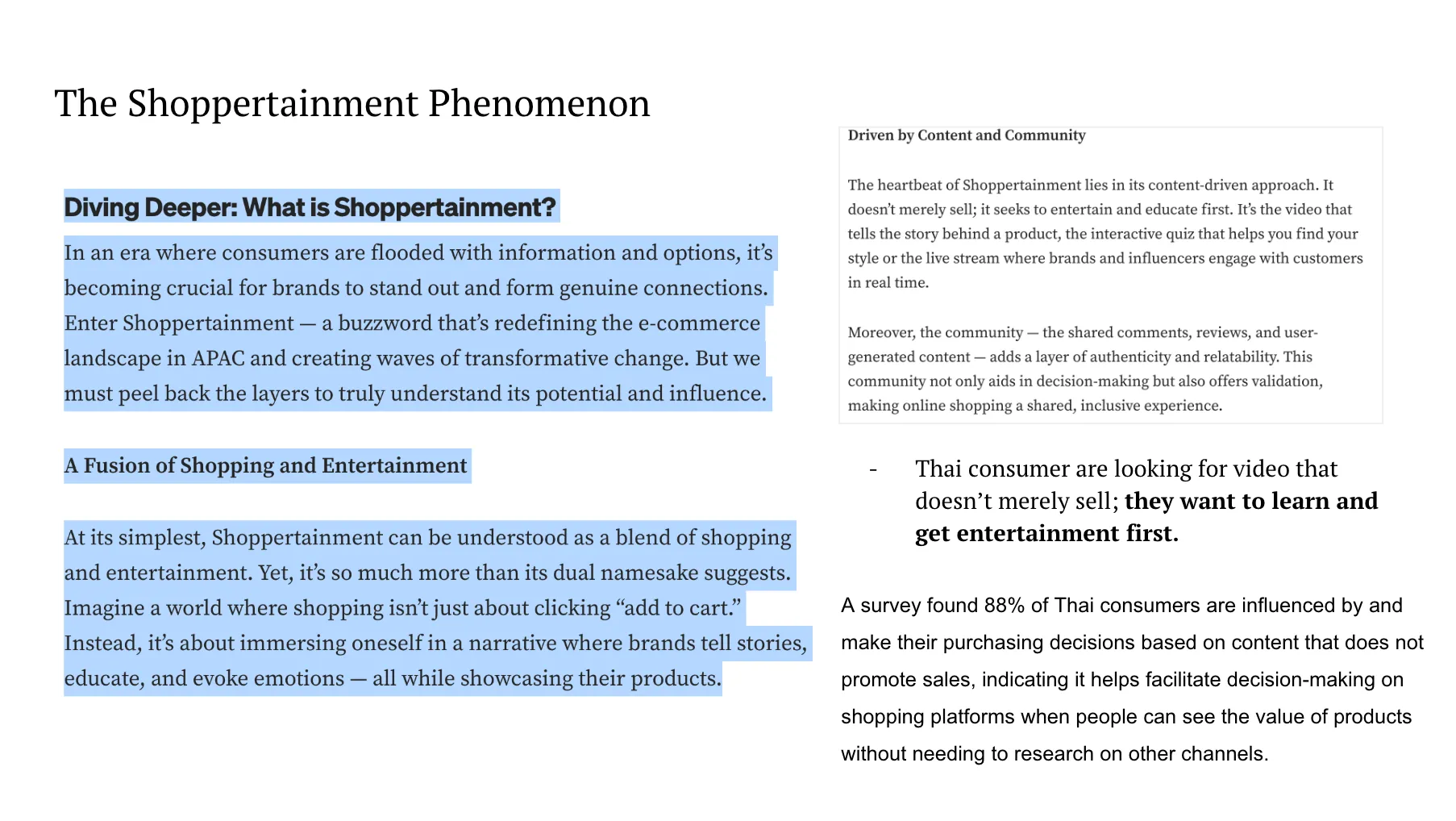 Research slide on the Shoppertainment phenomenon: Thai consumers want to learn and be entertained before they buy; 88% are influenced by content that does not promote sales