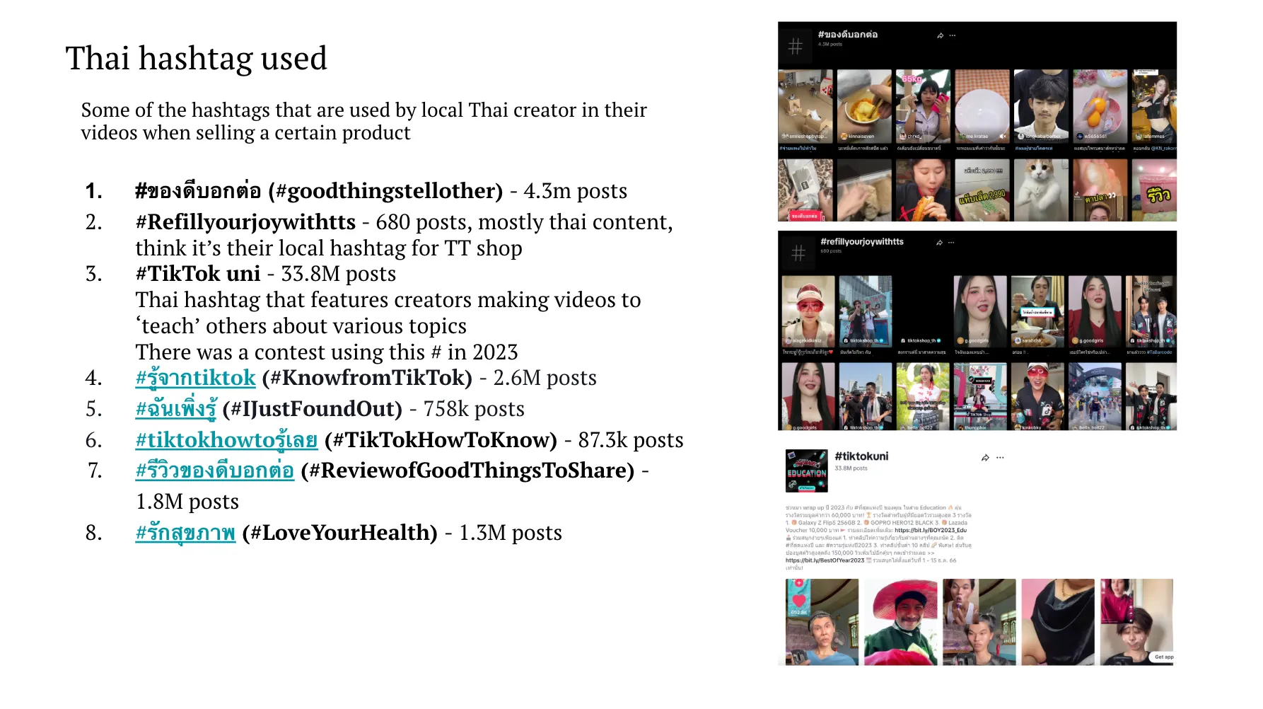 Slide of Thai hashtags local creators use when selling products, with post counts