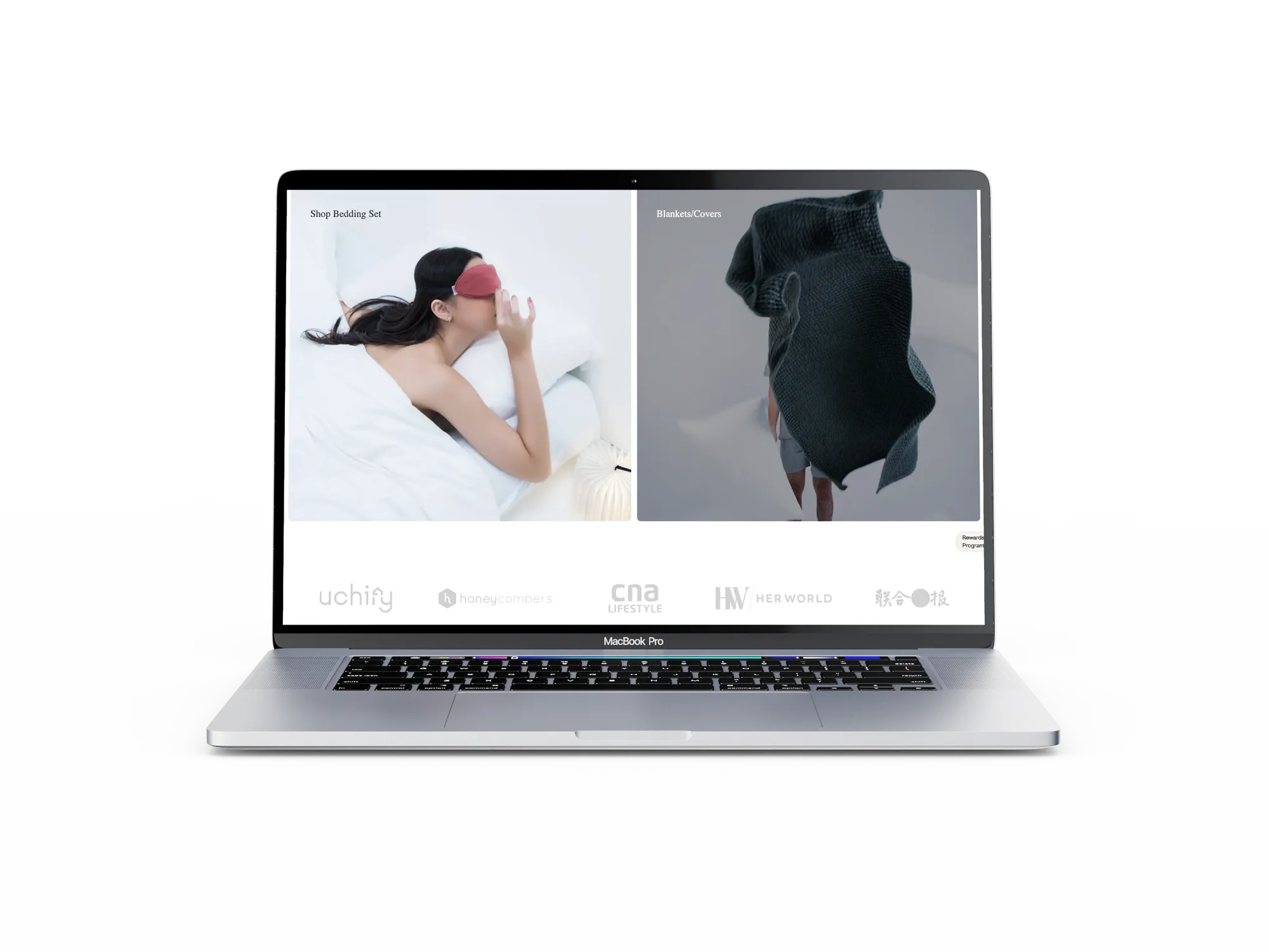 Homepage section with press features and product cards
