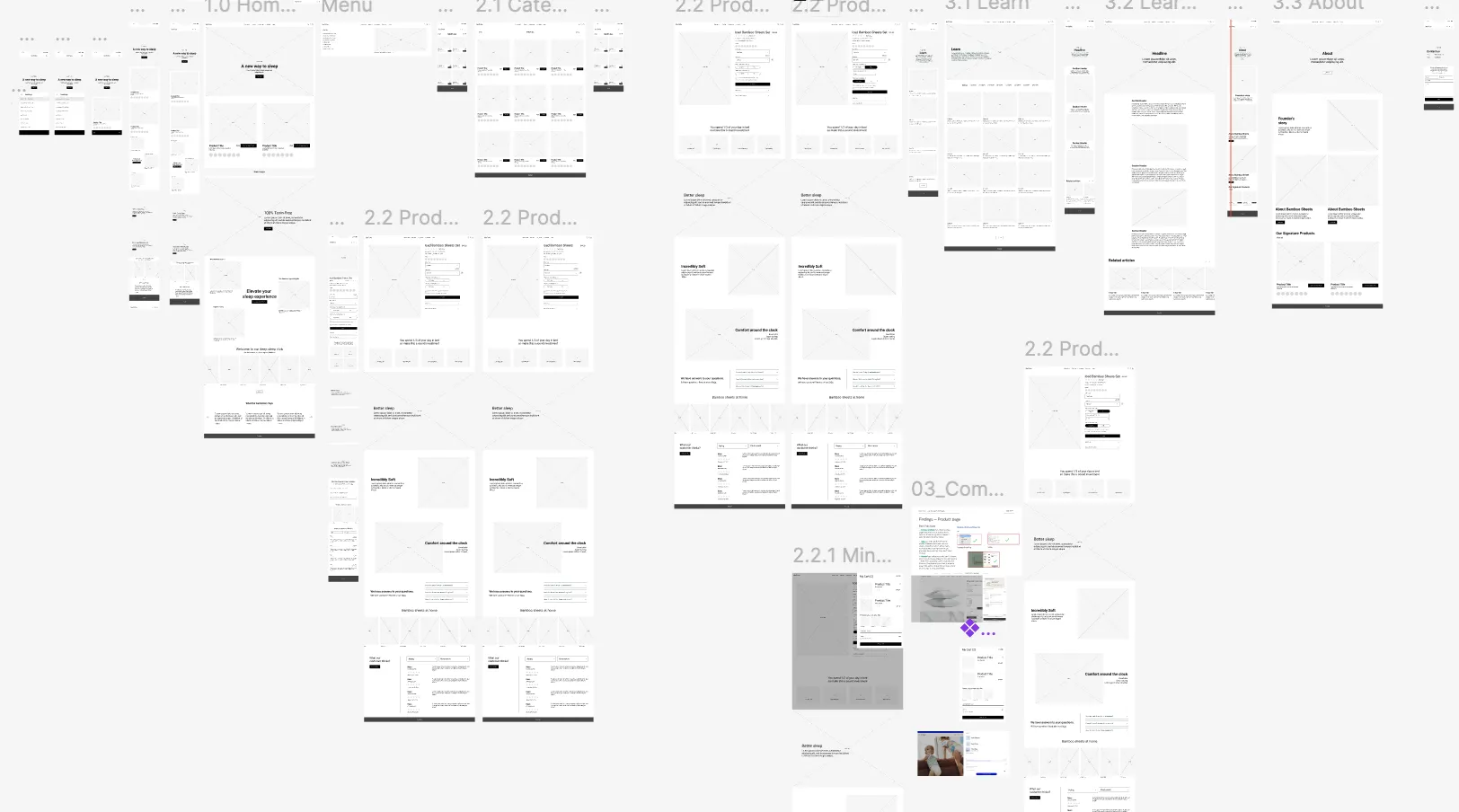 Low-fidelity wireframes of the key Bedtribe pages