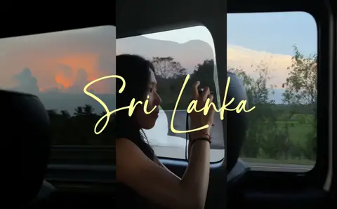 Sri Lanka travel video still: train window views with the words Sri Lanka in script